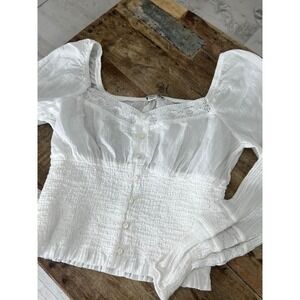 American Eagle White Smocked Waist Lace Trim Crinkle Gauze Blouse Womens Medium